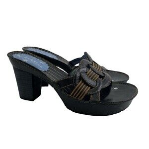 Indigo By Clarks Slide Heel Sandal Black Brown Leather Chunky Woven Womens 7